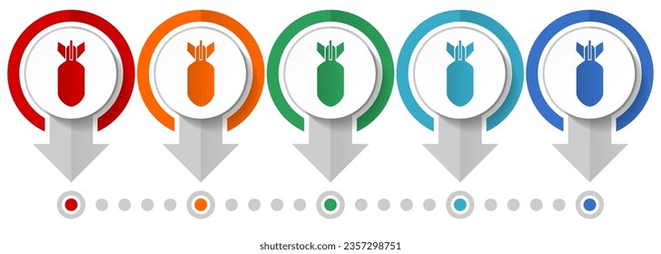 Bomb, war, military, weapon vector icon set, flat design infographic template, set pointer concept icons in 5 color options for webdesign and mobile applications