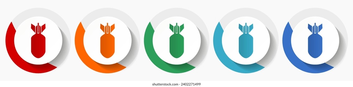 Bomba, guerra, ejército, conjunto de iconos de vectores de armas, iconos planos en 5 opciones de color para el diseño de logotipos, diseño web y aplicaciones móviles, coloridos botones redondos