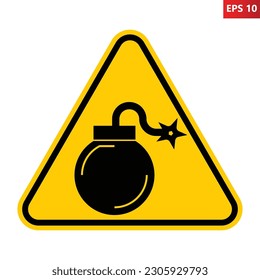 Bomb warning sign. Vector illustration of yellow triangle sign with fuse bomb icon inside. Danger zone. Caution minefield. Explosion and detonation symbol. Risk of death.