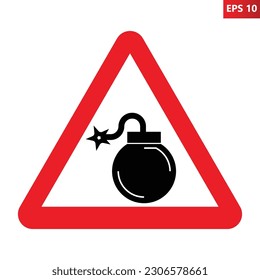 Bomb warning sign. Vector illustration of red triangle sign with fuse bomb icon inside. Danger zone. Caution minefield. Risk of death. Explosion and detonation symbol.