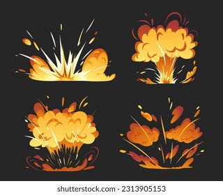 Explosiones de bombas y armas. Destrucción y demolición. Guerra y conflicto, agresión. Dinamita y fuego, llama. Colección vectorial plana de dibujos animados aislada en fondo negro