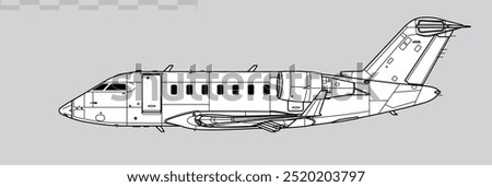 Bombardier Challenger 605. Vector drawing of business jet aircraft. Side view. Image for illustration and infographics.