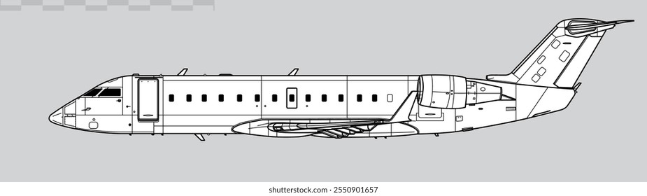 Bombardier CRJ200. Vector drawing of regional jet airliner. Side view. Image for illustration and infographics.