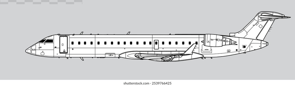 Bombardier CRJ700. Vector drawing of regional jet airliner. Side view. Image for illustration and infographics.