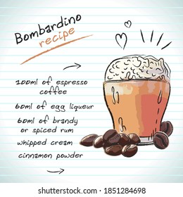 Cóctel de Bombardino, dibujo vectorial ilustración dibujada a mano, bebida alcohólica fresca de verano con receta 