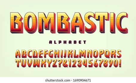 Bombastic; a geometric alphabet with some straight line and some curved letters, for an unusual look. Tall condensed 3d sans serif font with a palette of warm colors