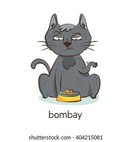 Bombay cat. Cute vector cartoon black cat character with a bowl of food isolated on white with breed caption