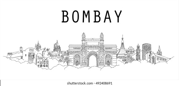 BOMBAY city vector panoramic sketch drawing silhouette