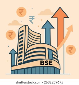 Bombay Stock Exchange (BSE) building, surrounded by rising arrows and Indian Rupee symbols