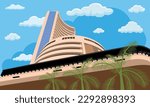Bombay stock exchange building illustration with palm trees in the foreground and  beautiful sky in the background.