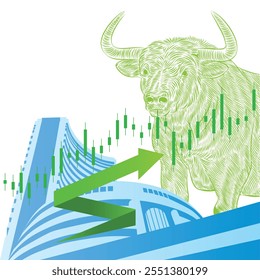 Bolsa de valores de Bombaim com ilustração de touro e seta para cima. ilustração de vetor. gráfico do mercado de ações.