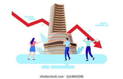 Bombay Stock Exchange Fall With Worried People Vector Illustration