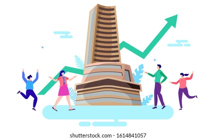 Bombay Stock Exchange Growth With Happy People Vector Illustration