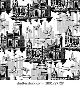 Bombay wallpaper. India Gate - view from the Arabian Sea. Seamless monochrome background.