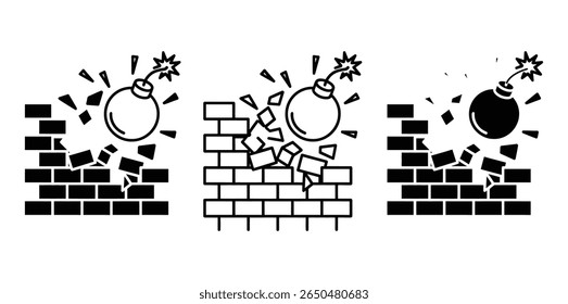 bomba, ícono de bomba, logotipo de bomba, Vector de bomba, explosión, Tres ilustraciones muestran una bomba de dibujos animados explotando y rompiendo una pared de ladrillo con restos de impacto volando alrededor.