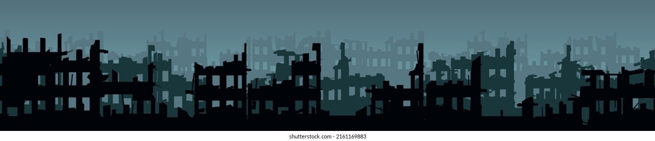 Bombed Street. Ruined City. Scary Evening Twilight. Apocalypse Natural Or War. Seamless Horizontal Composition. Sad Landscape Of Destruction. Vector.