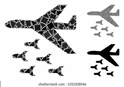 Bomber bombs mosaic of abrupt pieces in various sizes and shades, based on bomber bombs icon. Vector trembly pieces are combined into collage. Bomber bombs icons collage with dotted pattern.