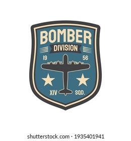 Bomber division army chevron insignia of interceptor plane squad isolated military patch with aviation plane. Vector military aircraft, wwii plane, supermarine spitfire, airplane jet fighter
