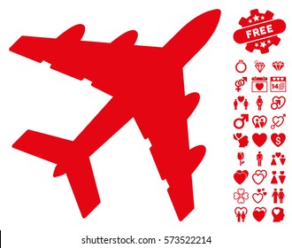 Bomber icon with bonus lovely pictograms. Vector illustration style is flat iconic red symbols on white background.