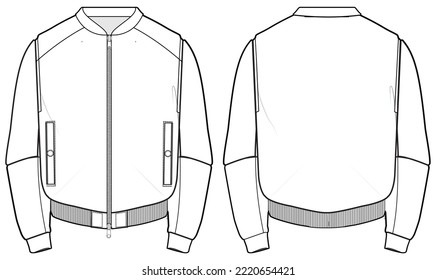 Bomber jacket design flat sketch Illustration front and back view vector template, Winter Jacket for men and women