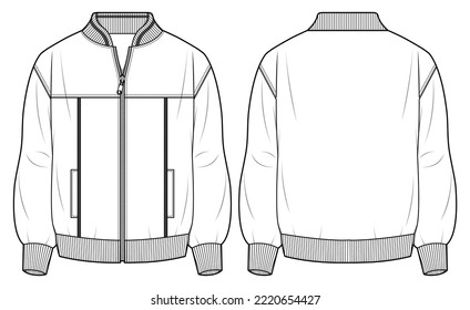 Bomber jacket design flat sketch Illustration front and back view vector template, Winter Jacket for men and women