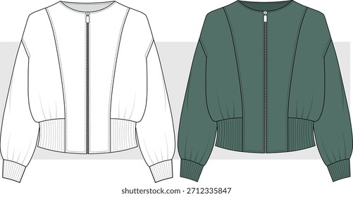 Jaqueta de bombardeiro desenho, com nervuras detalhado Desenho de moda técnica, ilustração. Vetor de casaco de moletom cortado. Vista frontal, vetor. CAD, Conjunto de montagem.
