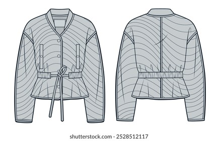 Bomber Jacket fashion design. Light Padded Quilted Jacket fashion flat technical drawing template, drawstring waist, pockets, buttons, front and back view, grey, women, men, unisex CAD mockup.