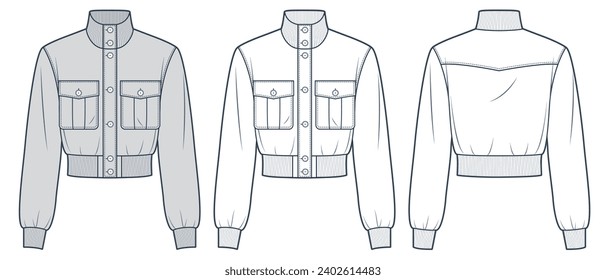 Modelo de dibujo técnico plano de la Chaqueta Bomber. Botón abajo Chaqueta ilustración técnica de moda, bolsillos, costilla, vista frontal y trasera, blanco, gris, mujeres, hombres, conjunto de maquillaje CAD unisex.