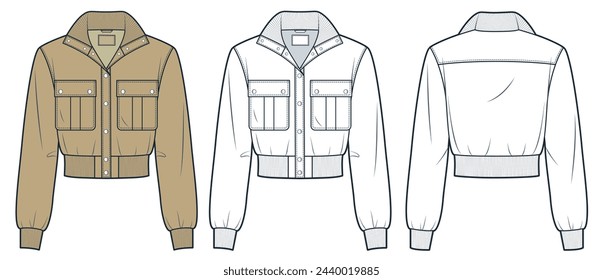 Bomber Jacket fashion flat technical drawing template. Button down Jacket technical fashion illustration, pocket, ribbed, front and back view, white, camel brown, women, men, unisex CAD mockup set.