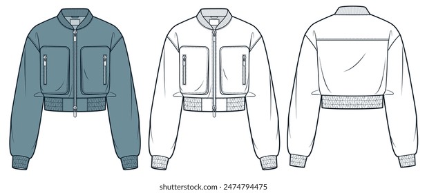 Bomber Jacket Mode flache technische Zeichnung Vorlage. Reißverschluss-Jacke technische Mode Illustration, Front- und Rückansicht, aufgesetzte Taschen, Übergröße, weiß, grün, Frauen, Männer, Unisex-CAD-Mockup-Set.