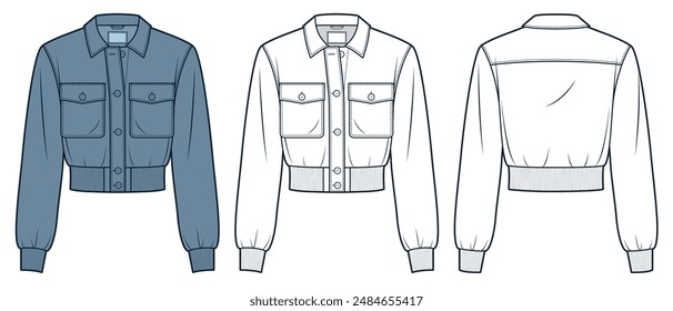 Bomber Jacket fashion flat technical drawing template. Button Down Jacket technical fashion illustration, pockets, rib, front and back view, white, blue, women, men, unisex CAD mockup set.