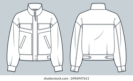 Bomber Jacket fashion flat technical drawing template. Zipped Jacket technical fashion illustration, oversize, pockets, front and back view, white, women, men, unisex Outerwear CAD mockup.