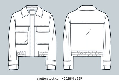 Bomber Jacket fashion flat technical drawing template. Jacket technical fashion illustration, pockets, relaxed fit, front and back view, white, women, men, unisex Outerwear CAD mockup.