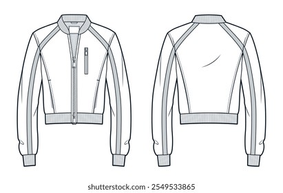 Bomber Jacket fashion flat technical drawing template. Zipped Jacket technical fashion illustration, pockets, stipes, relaxed fit, front and back view, white, women, men, unisex CAD mockup.