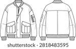 Bomber jacket flat sketch technical drawing vector illustration with utility pockets and front zipper.eps

