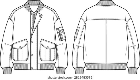 Bomber jacket flat sketch technical drawing vector illustration with utility pockets and front zipper.eps
