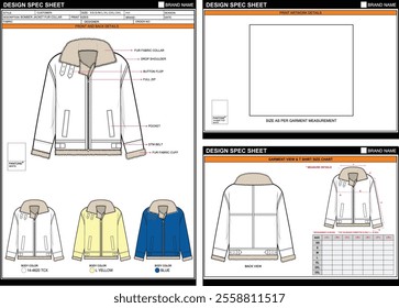 BOMBER JACKET FUR COLLAR EASY EDITABLE EMPTY TECHPACK MEASUREMENT LAYOUT TEMPLATE DESIGN