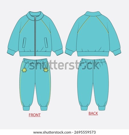  Bomber Jacket and Jogger Pants Set. This is a professional, editable vector illustration of a complete toddler or kids sportswear outfit. The jacket features a full zip and ribbed cuffs hem.