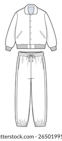 Jaqueta Bomber e Joggers Technical Fashion flat. Modelo Vetor De Conjunto De Lazer Unisex. Desenho frontal. Ajuste Relaxado. Colarinho com nervuras, braçadeira e punhos. Faixa de desenho. Cor Branca. Unisex. Montagem CAD.