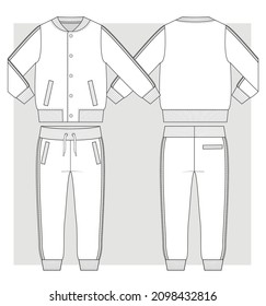 Bomber Jacket on snaps and sport trousers with side stripes technical sketch.