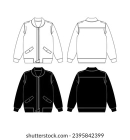 Bomber Jacket Set, Hand drawn jacket outline illustration, casual clothing. Vector technical sketch. Mockup template.