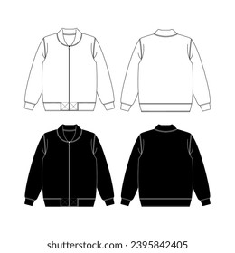Bomber Jacket Set, Hand drawn jacket outline illustration, casual clothing. Vector technical sketch. Mockup template.