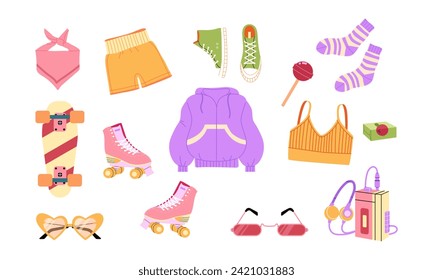 Bomber jacket, shorts, tank top, roller skates, sneakers, sunglasses, player, chewing gum, skateboard