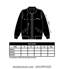 Gráfico de tamaño de la chaqueta de bombardero, ilustración de contorno de chaqueta dibujada a mano, ropa informal. Esbozo técnico vectorial. Plantilla de mordaza.