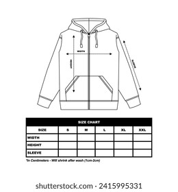 Bomber Jacket Size Chart, Hand drawn jacket outline illustration, casual clothing. Vector technical sketch. Mockup template.