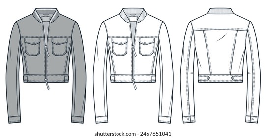 Bomber Chaqueta técnica ilustración de moda. Chaqueta con cremallera Plantilla de dibujo técnico plano de moda, recortado, bolsillos, ajuste relajado, vista frontal y posterior, blanco, gris, mujeres, hombres, conjunto de maquetas CAD unisex.