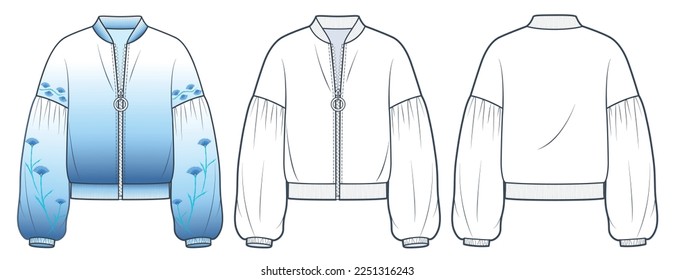 Bomber Jacket ilustración técnica de moda, diseño floral.  Chaqueta, Sudadera plantilla técnica de dibujo, manga de globo, cremallera, vista frontal y trasera, blanco, mujeres, hombres, maquillaje CAD unisex.