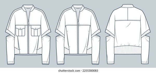 Ilustración técnica de moda de Bomber Jacket. Unisex transformador Bomber Jacket, Sweatshirt plantilla técnica de dibujo, front and back view, white, pocket, women, men, unisex CAD mockup set.  