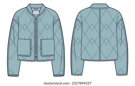 Jaqueta de bombardeiro moda técnica Ilustração, design de moda. Acolchoado Down Jacket moda plana modelo de desenho técnico, bolso, zíper, frente e vista traseira, azul, mulheres, homens, conjunto de maquete CAD unisex.