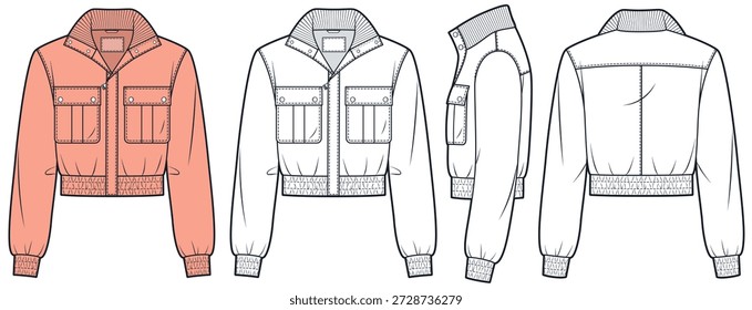 Boceto plano técnico de la chaqueta de bombardero. Plantilla técnica plana de la chaqueta de utilidad, bolsillos de parche, vista frontal, lateral y posterior, blanco, rosa, mujeres, hombres, conjunto de maquetas CAD unisex.